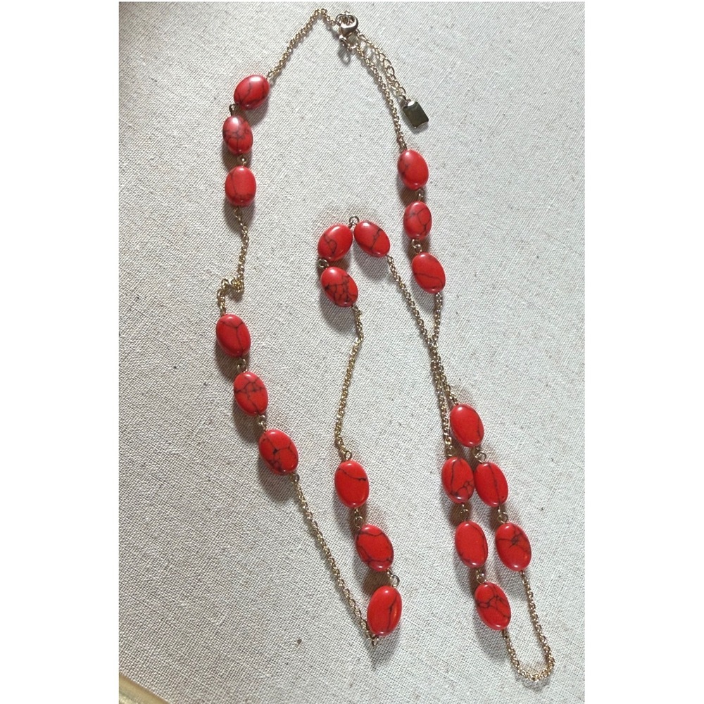Chaps Red Turquoise Style Beaded Necklace Gold Tone Statement Southwestern Boho